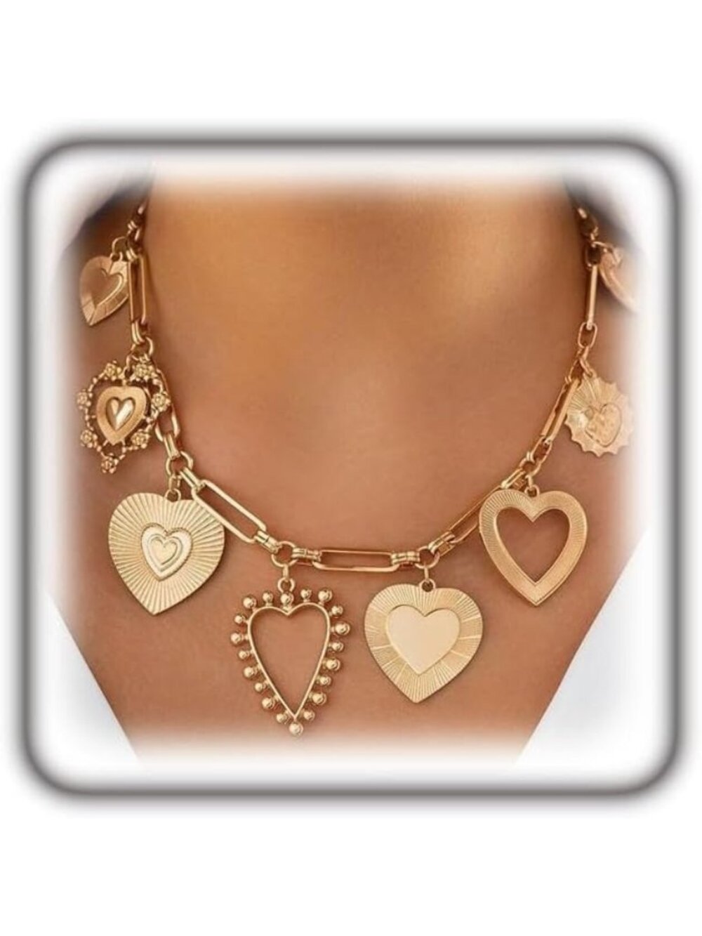 Women's Charm Gold Chunky Gold Heart Necklace Puffy Heart Statement Chain